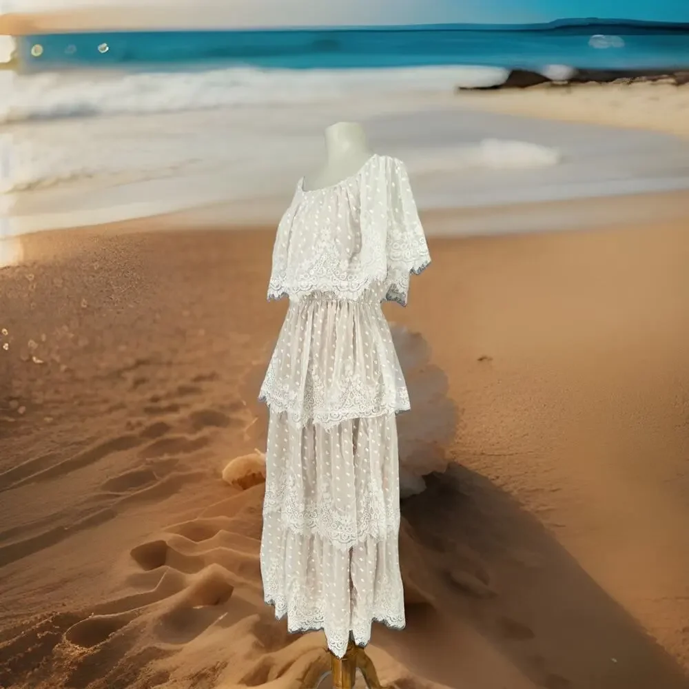 Show Me Your MuMu Dress Large White Lana Midi Lace Tiered Romantic Elegant Boho - Picture 5 of 14